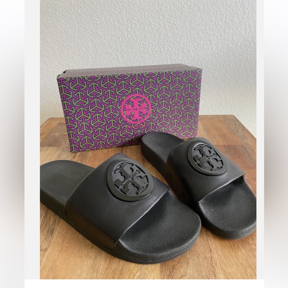 TORY BURCH LINA SLIDE NORTH NAPPA PERFECT BLACK 8 SANDALS SLIPPERS SLIP ON FLATS